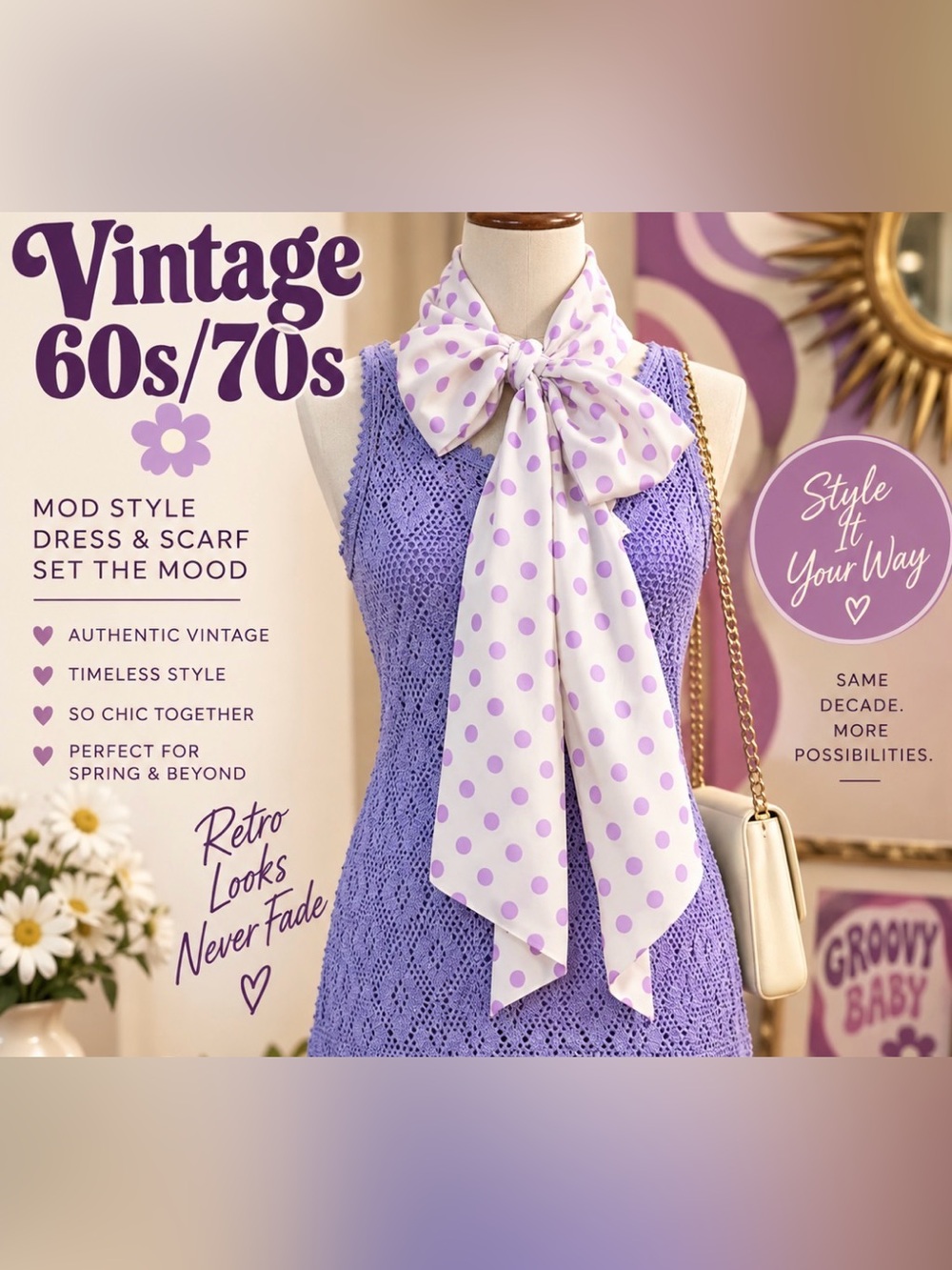 Vintage 60s mod era- polka dot - large Bow Scarf